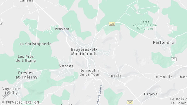 Carte de la zone d'intervention à Bruyères-et-Montbérault